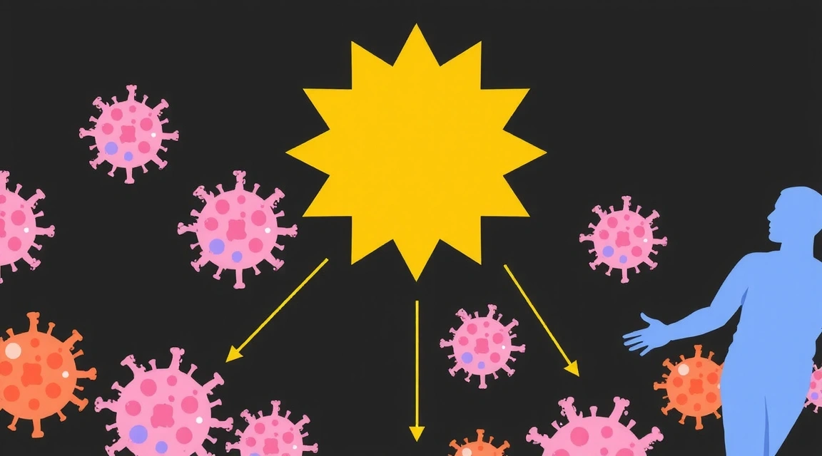 Representación visual del sistema inmunológico con células protectoras y un sol simbolizando la vitamina D.