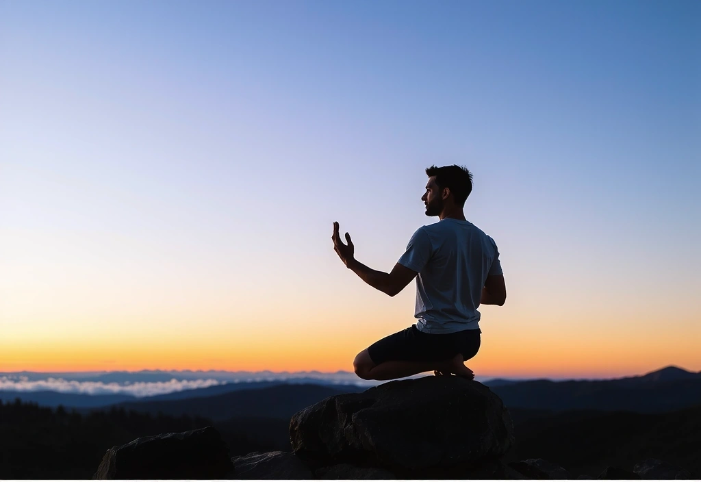 Hombre meditando al amanecer en la cima de una montaña, simbolizando paz mental