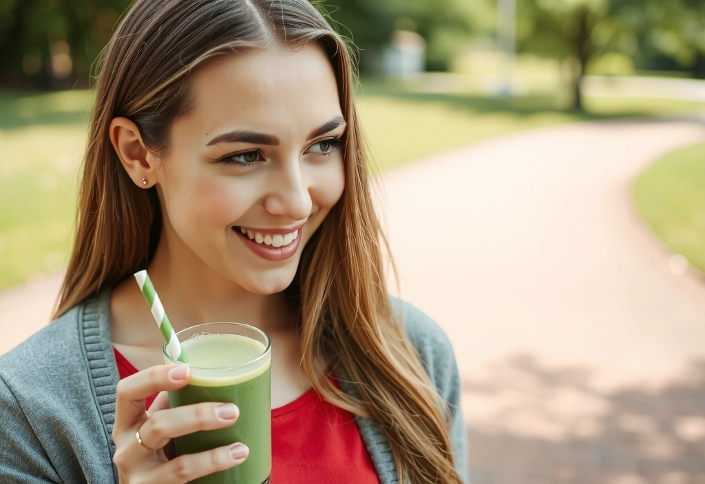 Mujer sonriendo mientras disfruta de un batido verde saludable en un entorno natural