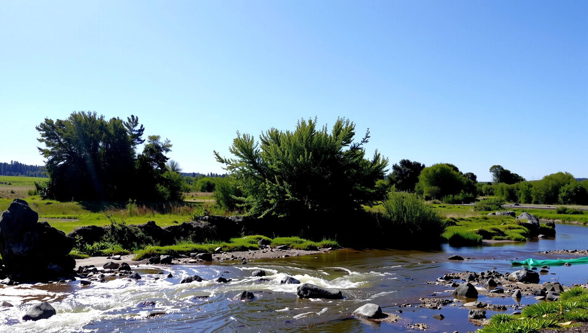 Paisaje natural sereno con vegetación exuberante y un cielo despejado