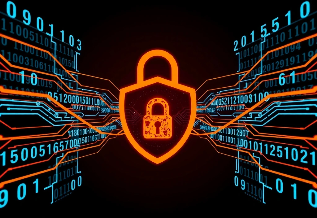 Candado digital con un escudo y ondas de datos, representando seguridad cibernética