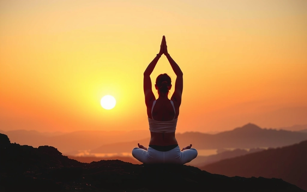 Mujer en pose de yoga meditando al amanecer, simbolizando bienestar holístico.