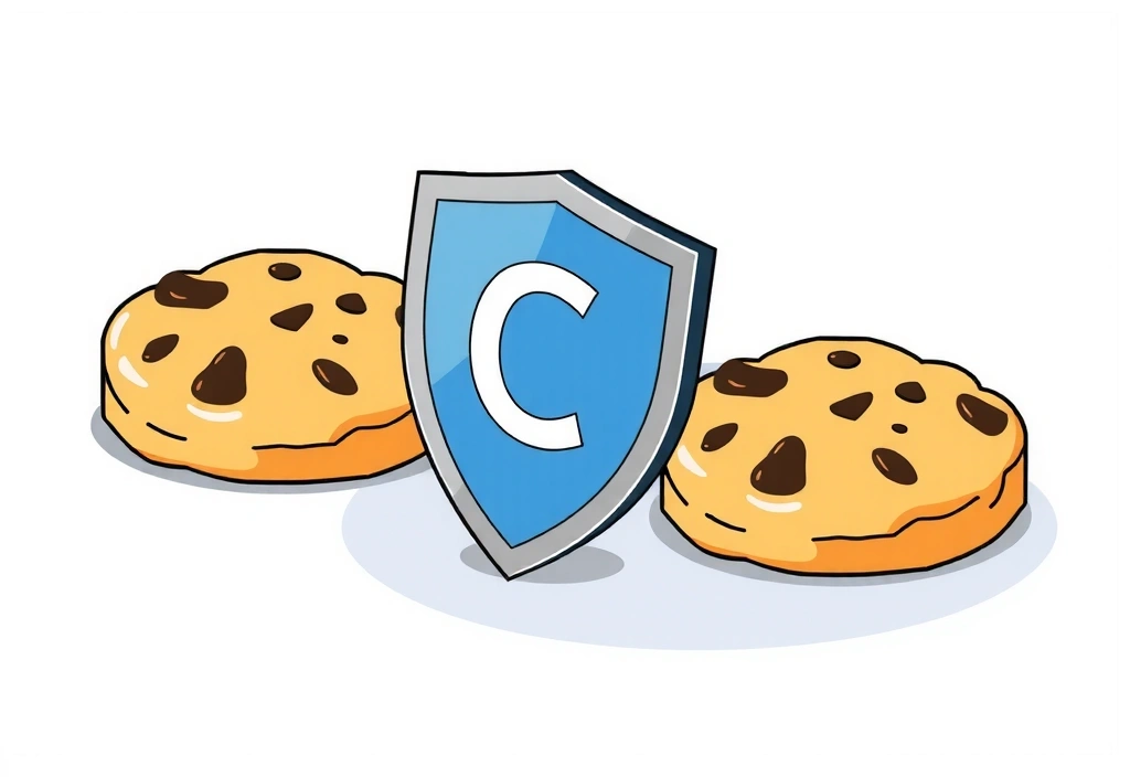 Ilustración de galletas digitales (cookies) con un escudo de protección