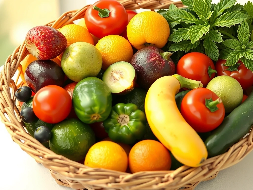 Frutas y verduras frescas, ricas en vitaminas naturales, dispuestas en una canasta de mimbre bajo una luz suave y natural.