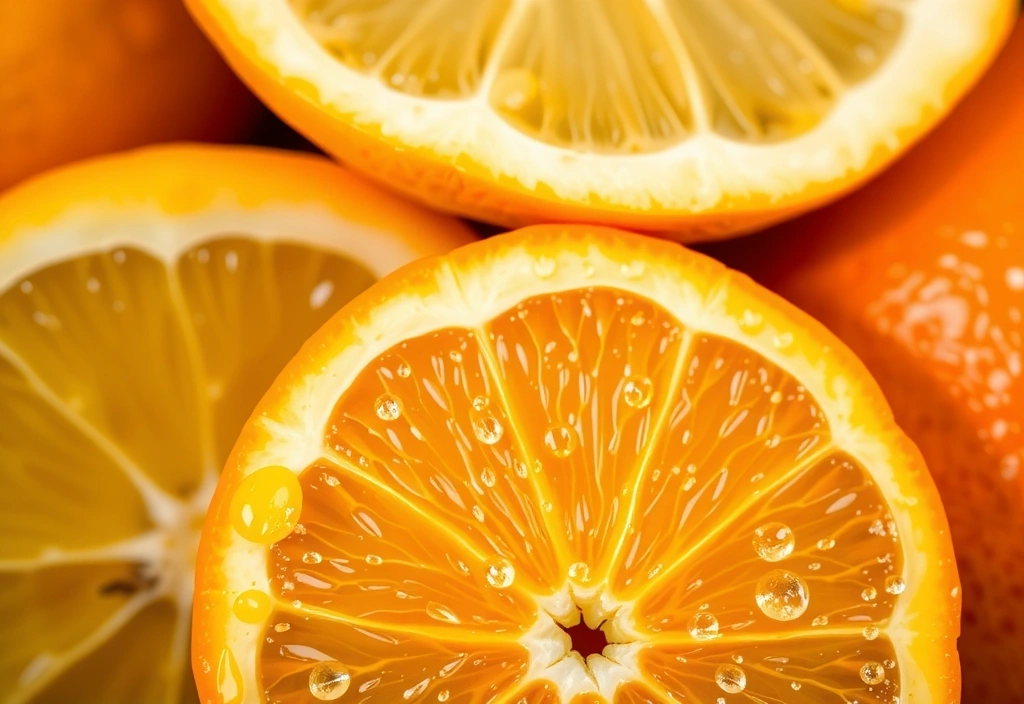 Rodajas de naranja y limones frescos con gotas de agua, simbolizando la Vitamina C.